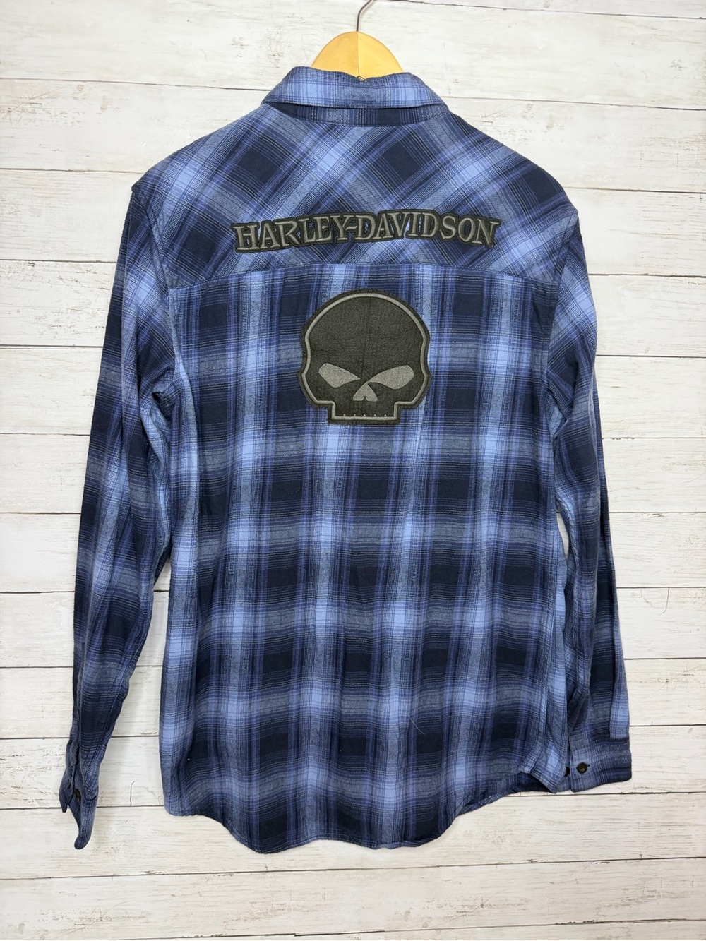 Harley Davidson Blue Black Plaid Button Up Flannel Shirt Men’s Medium Tall